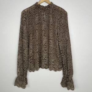 Anthropologie Eri + Ali Delano Lace Mock Neck Top in Taupe Size XL